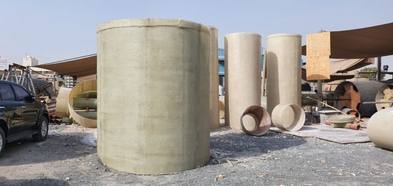 Large-diameter GRP pipes and cylinders ready for despatch