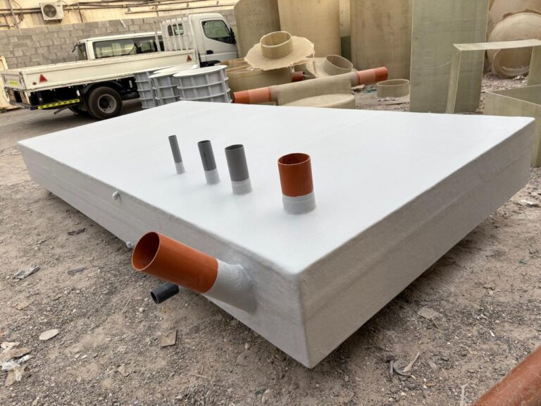 Rectangular GRP tank with pipe stubs